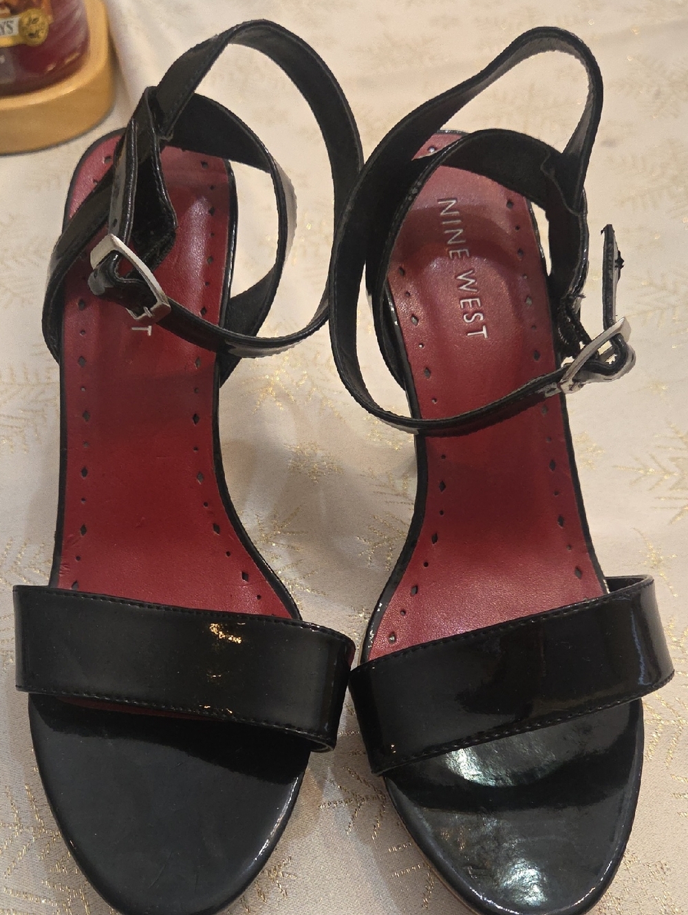 Nine West Black Patent Open-Toe Ankle-Strap Heels